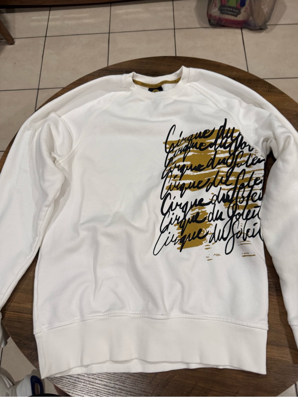 Men's White Crewneck Sweatshirt with Black Script and Gold Accent